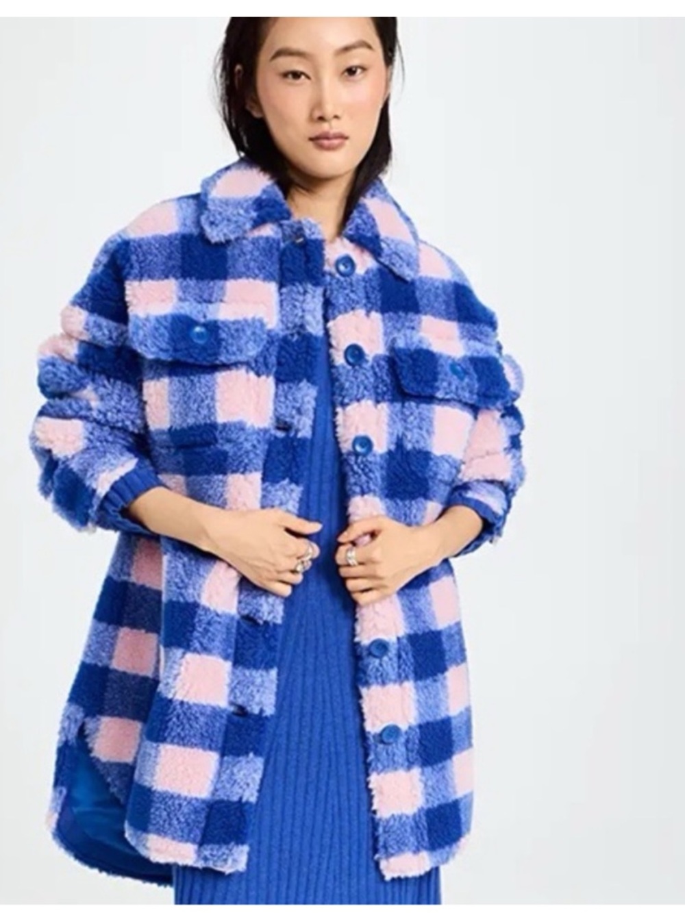 Stand Studio Sabi Jacket — LIKE NEW Blue & Pink Check Sherpa Jacket Size 34